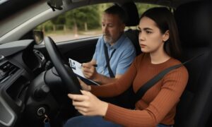 Imagem realista mostra uma candidata ao volante durante a prova prática de habilitação, enquanto o instrutor ao lado observa e faz anotações em uma prancheta