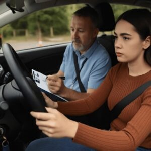 Imagem realista mostra uma candidata ao volante durante a prova prática de habilitação, enquanto o instrutor ao lado observa e faz anotações em uma prancheta