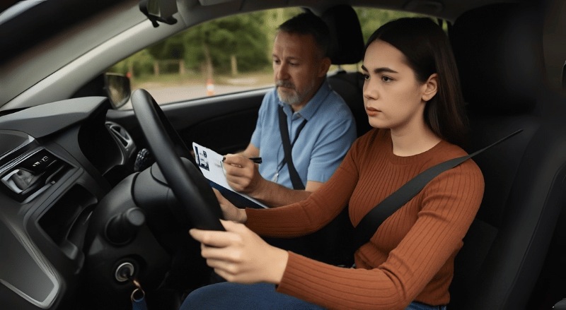 Imagem realista mostra uma candidata ao volante durante a prova prática de habilitação, enquanto o instrutor ao lado observa e faz anotações em uma prancheta