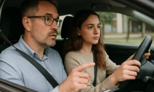 uma aluna concentrada dirigindo enquanto o instrutor, ao seu lado, orienta com atenção dentro do carro, em ambiente iluminado naturalmente