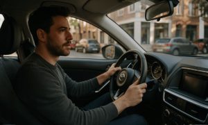 Pessoa dirigindo um carro moderno em uma rua urbana, com expressão concentrada e iluminação natural suave, vista em ângulo lateral realista