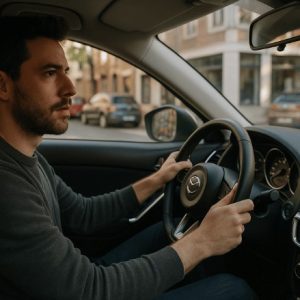 Pessoa dirigindo um carro moderno em uma rua urbana, com expressão concentrada e iluminação natural suave, vista em ângulo lateral realista