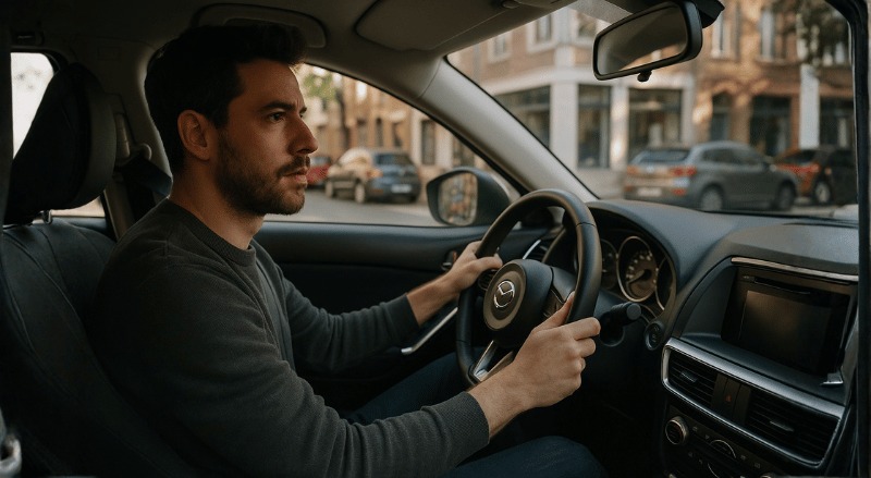 Pessoa dirigindo um carro moderno em uma rua urbana, com expressão concentrada e iluminação natural suave, vista em ângulo lateral realista