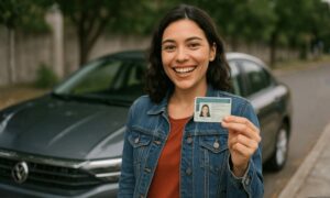 Pessoa sorridente mostrando sua CNH em primeiro plano, com um carro ao fundo em ambiente externo, sob iluminação natural e realista