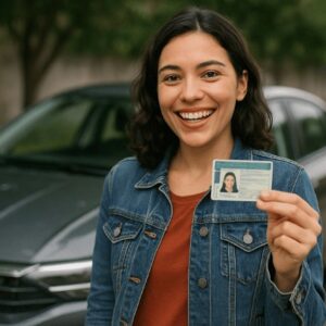 Pessoa sorridente mostrando sua CNH em primeiro plano, com um carro ao fundo em ambiente externo, sob iluminação natural e realista