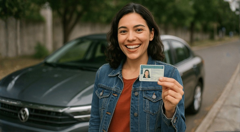 Pessoa sorridente mostrando sua CNH em primeiro plano, com um carro ao fundo em ambiente externo, sob iluminação natural e realista