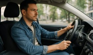Uma pessoa dirigindo o carro em um ambiente urbano, vista em plano médio e ângulo levemente lateral, com iluminação natural suave e expressão concentrada, transmitindo realismo e sensação de movimento