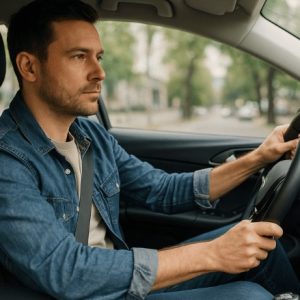 Uma pessoa dirigindo o carro em um ambiente urbano, vista em plano médio e ângulo levemente lateral, com iluminação natural suave e expressão concentrada, transmitindo realismo e sensação de movimento