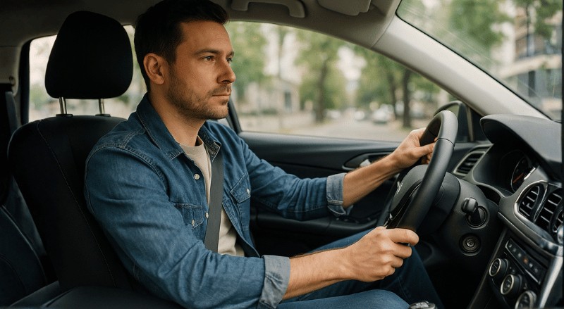 Uma pessoa dirigindo o carro em um ambiente urbano, vista em plano médio e ângulo levemente lateral, com iluminação natural suave e expressão concentrada, transmitindo realismo e sensação de movimento
