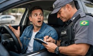 Imagem realista em plano médio, com câmera na altura dos olhos e ângulo levemente lateral, mostrando um policial brasileiro ao lado do carro abordado, preenchendo a autuação enquanto conversa com o motorista