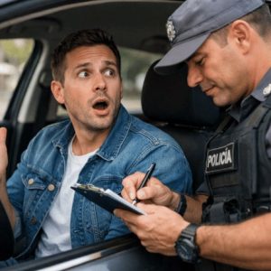 Imagem realista em plano médio, com câmera na altura dos olhos e ângulo levemente lateral, mostrando um policial brasileiro ao lado do carro abordado, preenchendo a autuação enquanto conversa com o motorista
