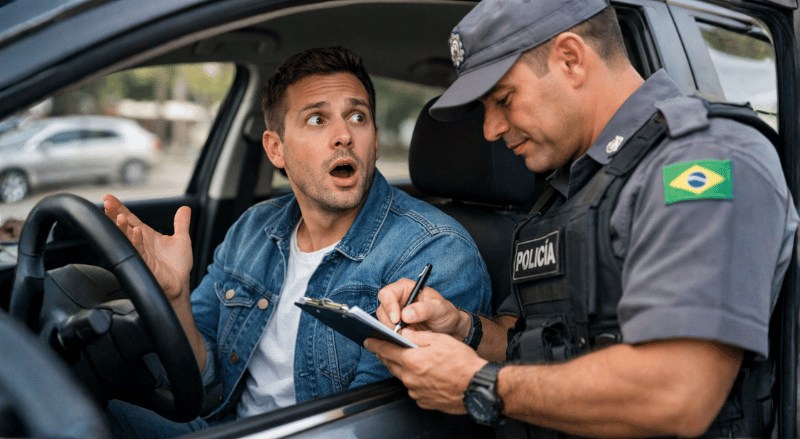 Imagem realista em plano médio, com câmera na altura dos olhos e ângulo levemente lateral, mostrando um policial brasileiro ao lado do carro abordado, preenchendo a autuação enquanto conversa com o motorista