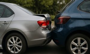 dois carros após uma batida traseira: o veículo da frente com o para-choque amassado e a lanterna danificada, e o carro de trás com a dianteira deformada, ambos parados em uma via, sem pessoas ao redor