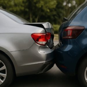 dois carros após uma batida traseira: o veículo da frente com o para-choque amassado e a lanterna danificada, e o carro de trás com a dianteira deformada, ambos parados em uma via, sem pessoas ao redor