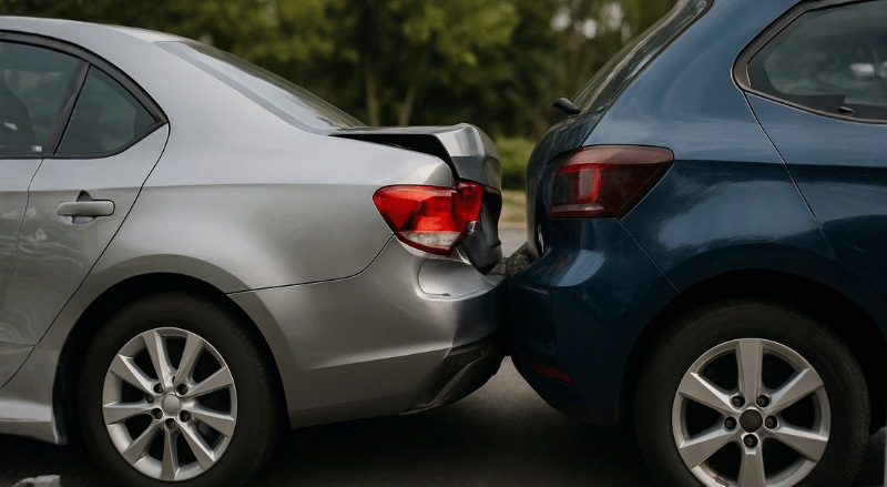 dois carros após uma batida traseira: o veículo da frente com o para-choque amassado e a lanterna danificada, e o carro de trás com a dianteira deformada, ambos parados em uma via, sem pessoas ao redor