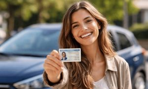Pessoa sorridente em primeiro plano mostra sua CNH com orgulho, enquanto um carro aparece ao fundo levemente desfocado. A cena tem iluminação natural suave, enquadramento em plano médio e transmite sensação de conquista e liberdade.