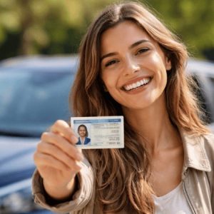 Pessoa sorridente em primeiro plano mostra sua CNH com orgulho, enquanto um carro aparece ao fundo levemente desfocado. A cena tem iluminação natural suave, enquadramento em plano médio e transmite sensação de conquista e liberdade.