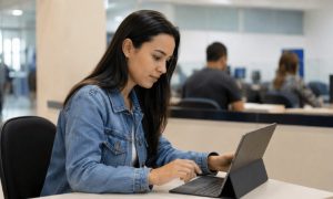 Pessoa concentrada em um ambiente institucional, usando um computador para marcar a prova no DETRAN, transmitindo organização, atenção e praticidade no processo de agendamento