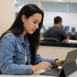 Pessoa concentrada em um ambiente institucional, usando um computador para marcar a prova no DETRAN, transmitindo organização, atenção e praticidade no processo de agendamento