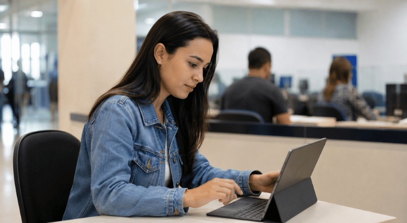 Pessoa concentrada em um ambiente institucional, usando um computador para marcar a prova no DETRAN, transmitindo organização, atenção e praticidade no processo de agendamento