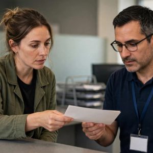 pessoa entregando documento de licenciamento para funcionário do Detran no balcão, documento genérico